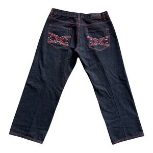 Urban Label Men Baggy Jeans Size 38 Dark Wash Red Contrast Stitch Streetwear Y2K